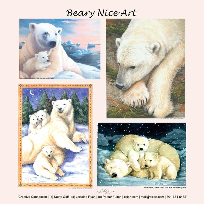 Four Beautiful Polar Bear paintings, three with cubs.