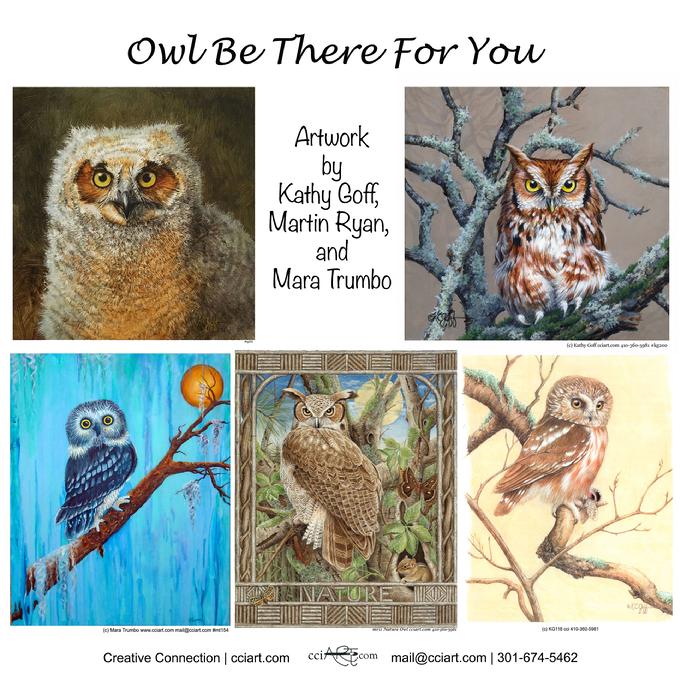 Five Original Owl Paintings including traditional and whimsical styles.