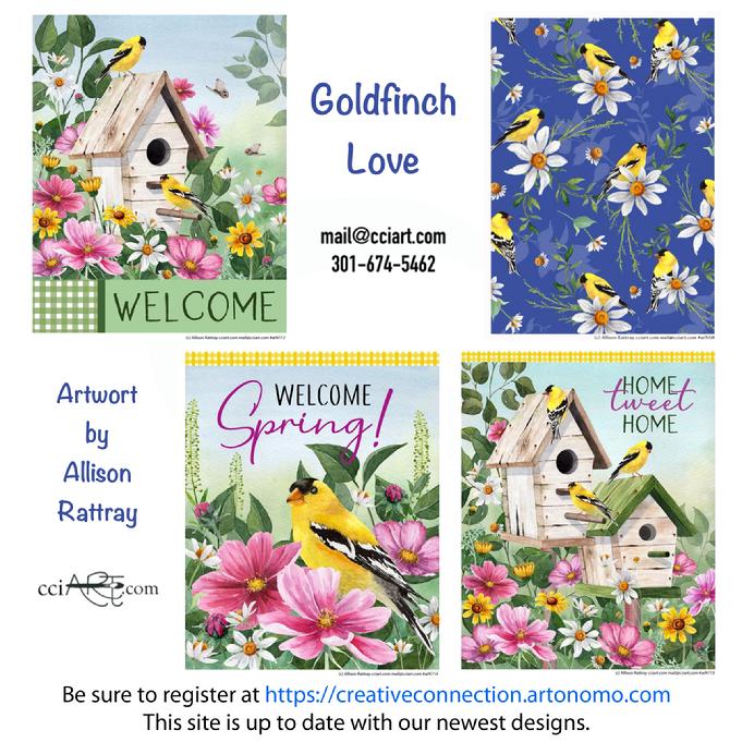 Beautiful Goldfinch designs including an all-over and two with birdhouses and flowers.