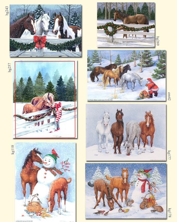 Horses with snowmen, in snow, at fence with garland