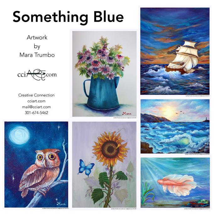 A series of 6 "blue" paintings including a water pitcher of flowers, a boat, an owl at night, a sunflower with a blue butterfly, an elegant pink fish swimming and an ocean.