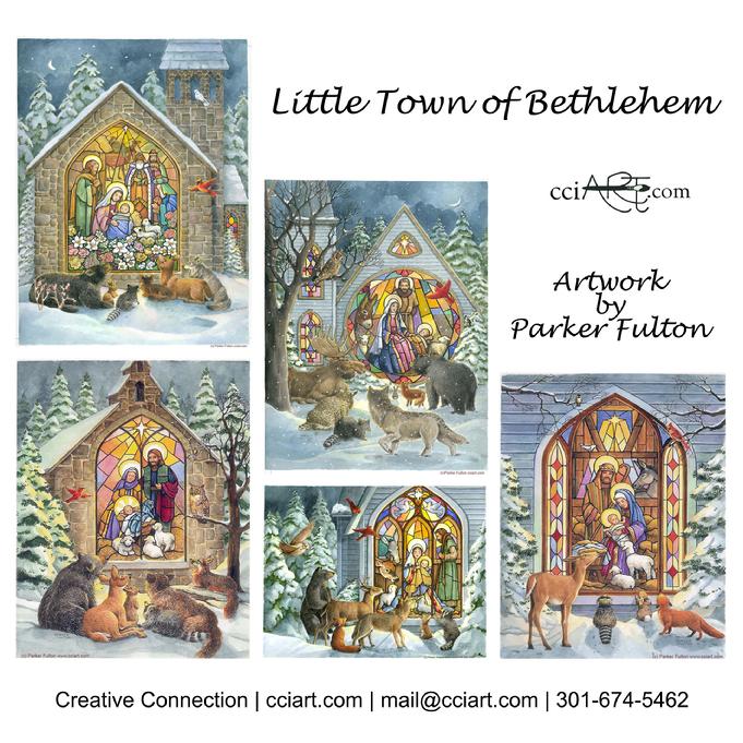 A set of 5 Stained Glass Nativities with animals in winter